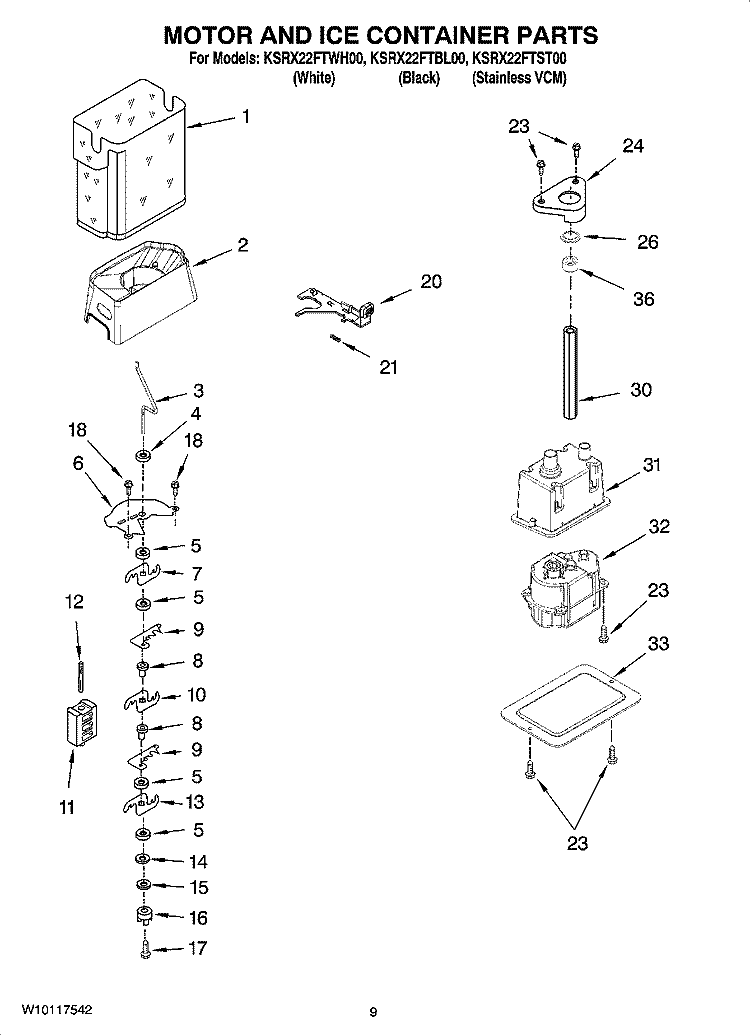 MOTOR AND ICE CONTAINER PARTS Diagram and Parts List for KSRX22FTWH00  KitchenAid Refrigerator