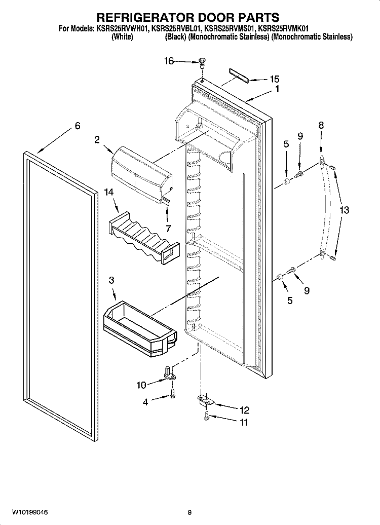 REFRIGERATOR DOOR PARTS Diagram and Parts List for KSRS25RVBL01  KitchenAid Refrigerator