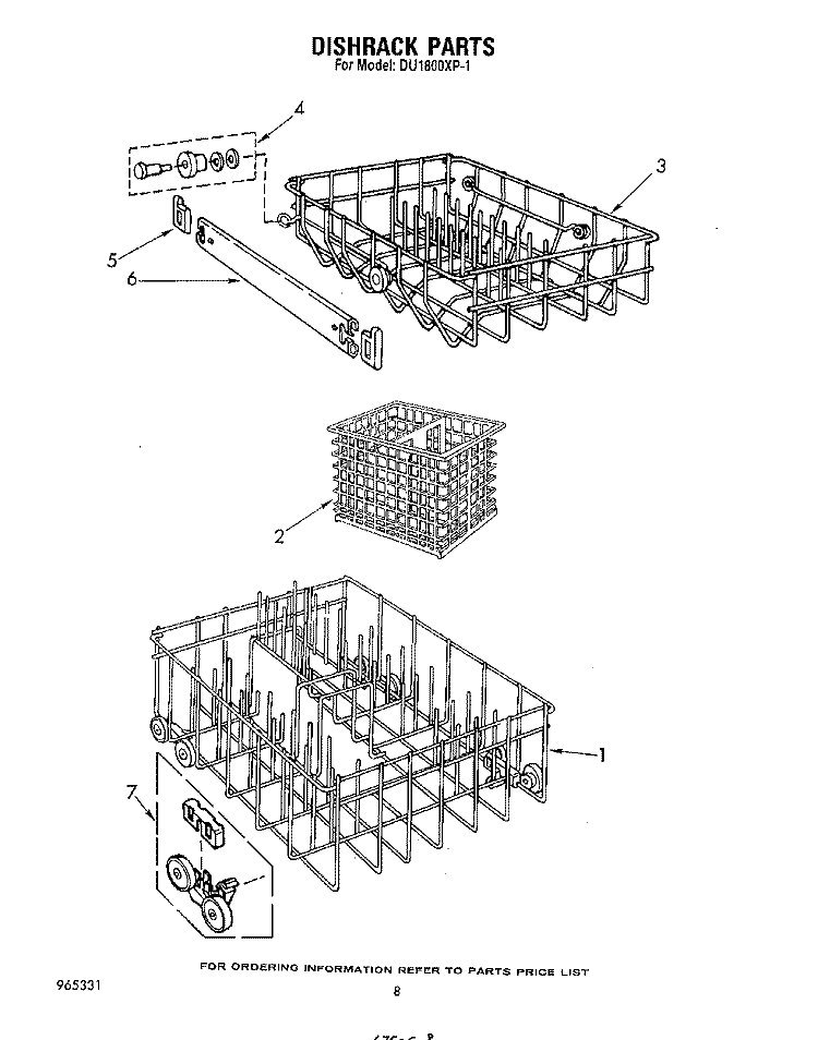 DISHRACK Diagram and Parts List for DU1800XP1  Whirlpool Dishwasher