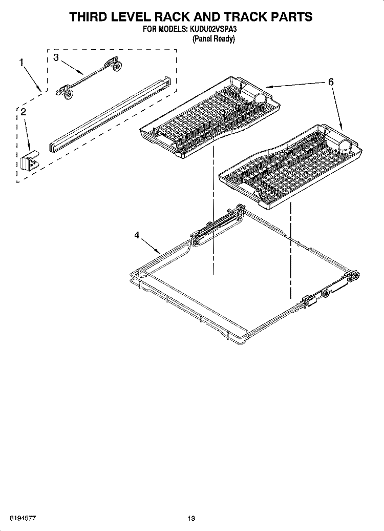 THIRD LEVEL RACK AND TRACK PARTS Diagram and Parts List for KUDU02VSPA3  KitchenAid Dishwasher