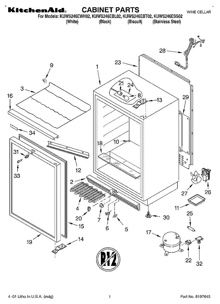 SECTION Diagram and Parts List for KUWS246ESS02  KitchenAid Wine and Beverage Cooler