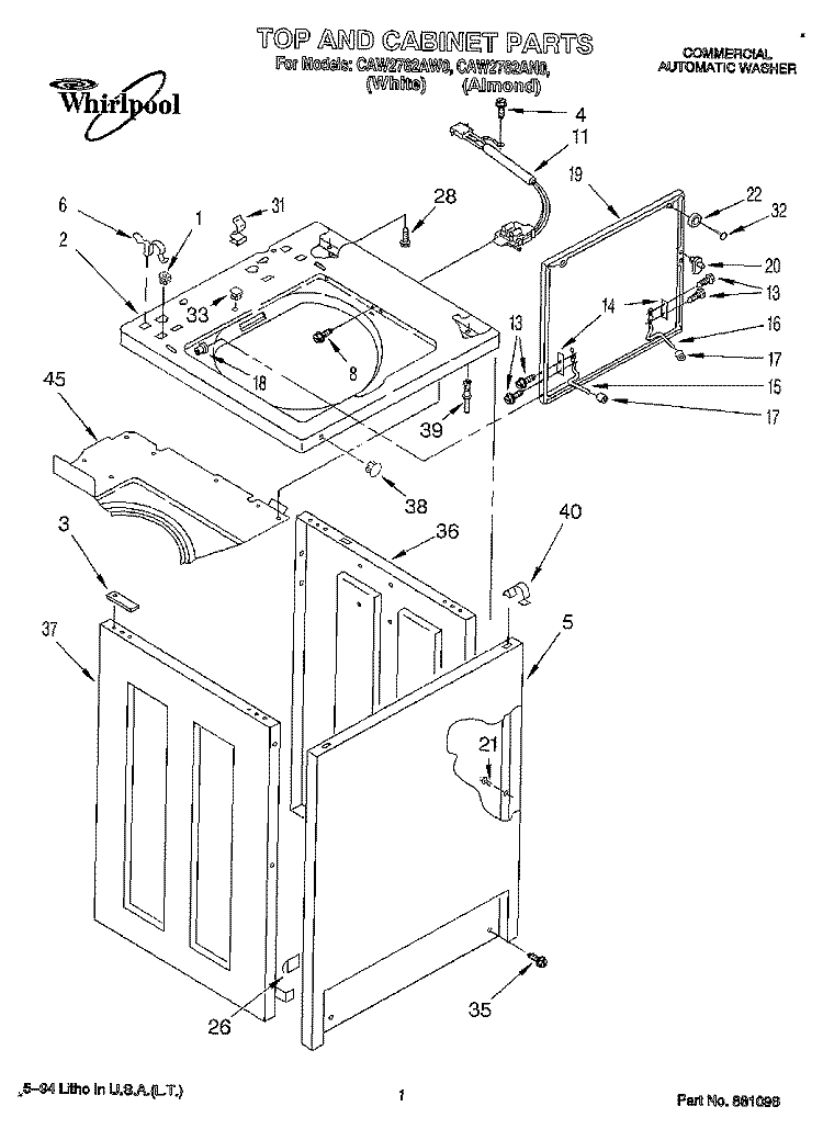 TOP AND CABINET, LIT/OPTIONAL Diagram and Parts List for CAW2762AW0  Whirlpool Washer