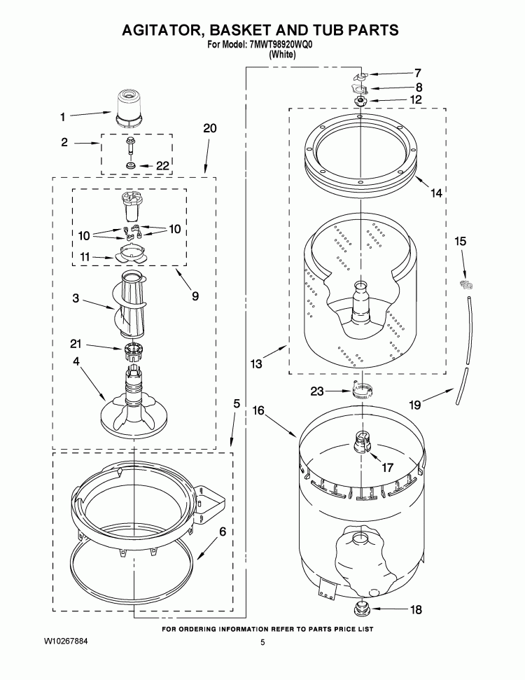 AGITATOR, BASKET AND TUB PARTS Diagram and Parts List for 7MWT98920WQ0  Whirlpool Washer