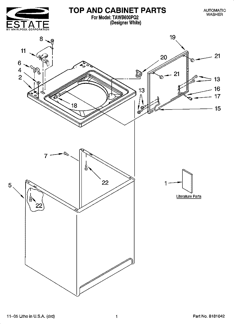 TOP AND CABINET PARTS Diagram and Parts List for TAWB600PQ2  Estate Washer