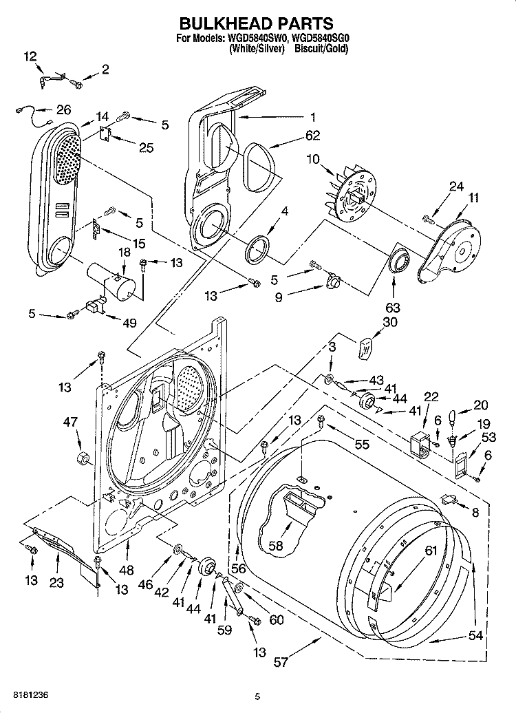 BULKHEAD PARTS Diagram and Parts List for WGD5840SG0  Whirlpool Dryer
