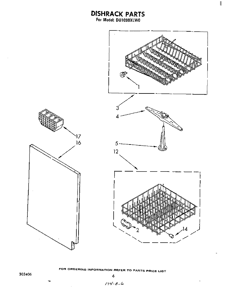 DISHRACK Diagram and Parts List for DU1098XLW0  Whirlpool Dishwasher