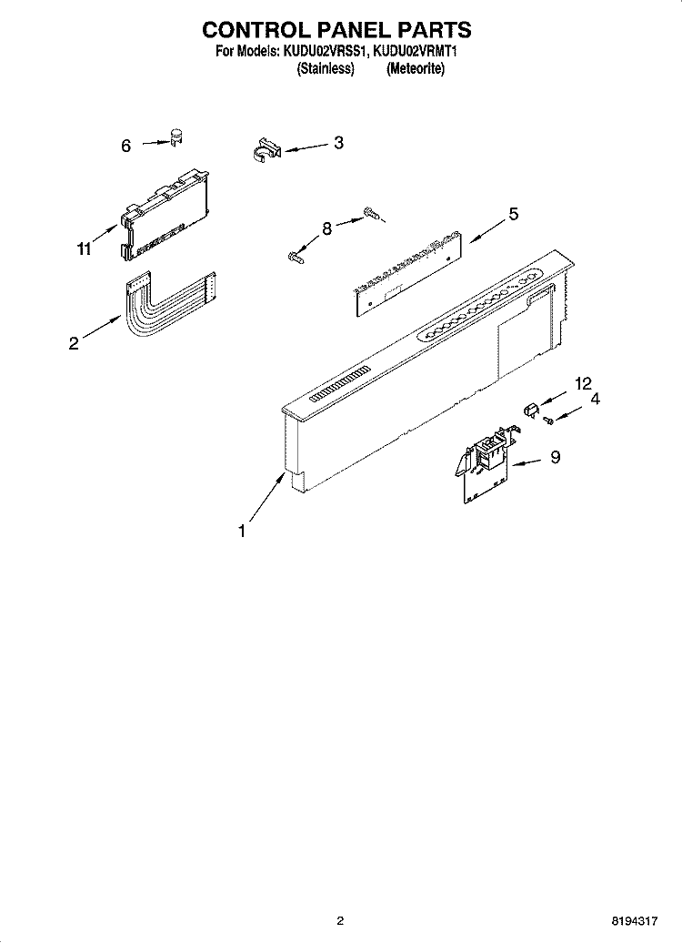 CONTROL PANEL PARTS Diagram and Parts List for KUDU02VRSS1  KitchenAid Dishwasher