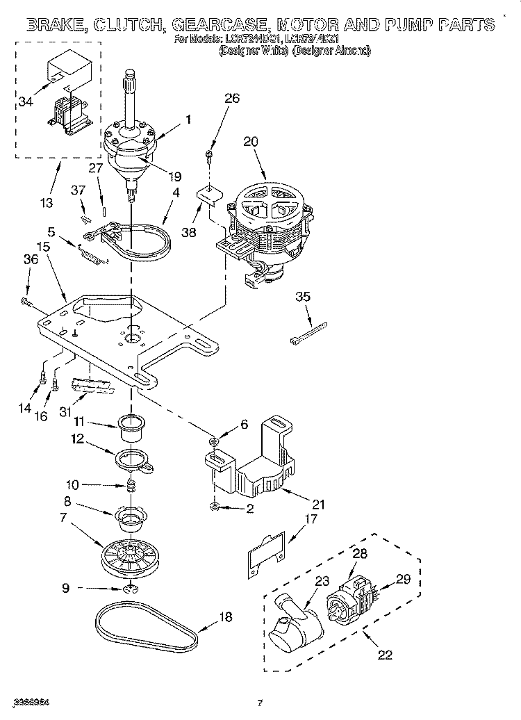 BRAKE, CLUTCH, GEARCASE, MOTOR AND PUMP Diagram and Parts List for LCR7244DQ1  Whirlpool Washer