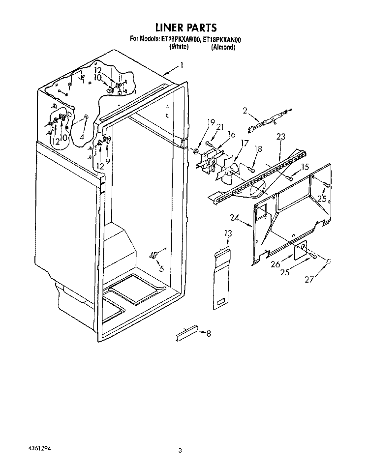 LINER Diagram and Parts List for ET18PKXAN00  Whirlpool Refrigerator