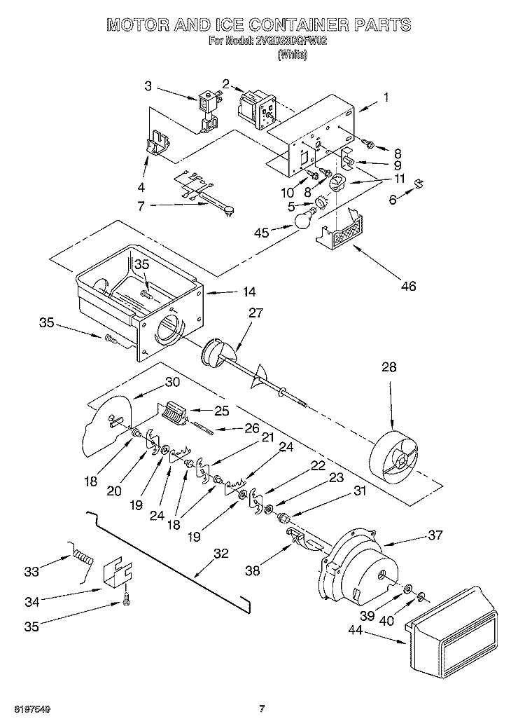 MOTOR AND ICE CONTAINER Diagram and Parts List for 2VGD23DQFW02  Whirlpool Refrigerator