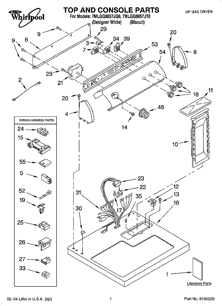 TOP AND CONSOLE PARTS Diagram and Parts List for 7MLGQ8857JQ6  Whirlpool Dryer