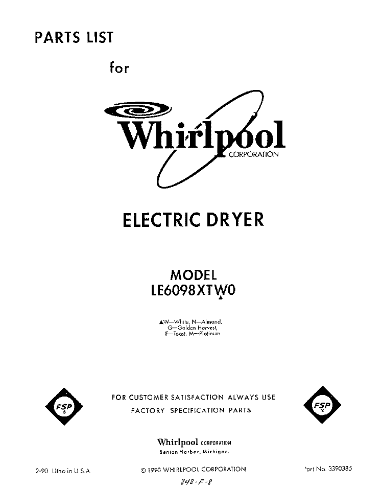SECTION Diagram and Parts List for LE6098XTF0  Whirlpool Dryer