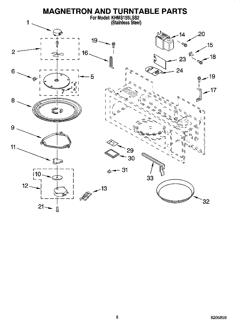 MAGNETRON AND TURNTABLE PARTS Diagram and Parts List for KHMS155LSS2  KitchenAid Microwave
