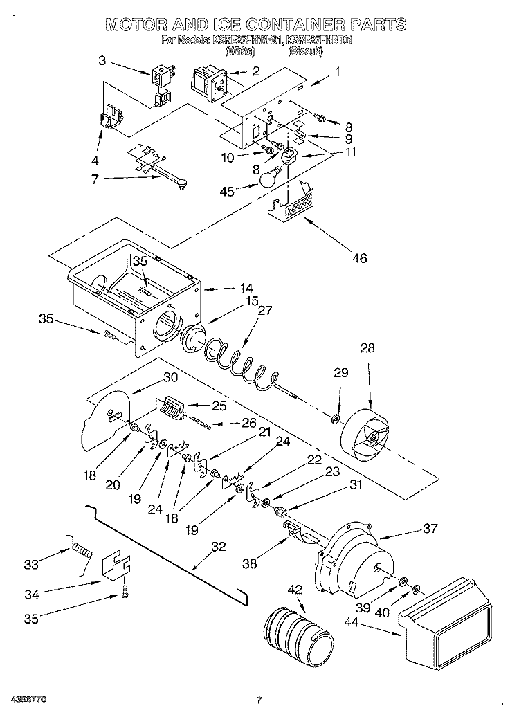 MOTOR AND ICE CONTAINER Diagram and Parts List for KSRE27FHWH01  KitchenAid Refrigerator