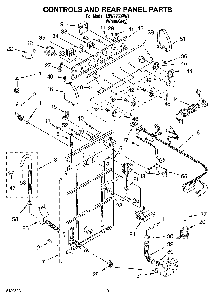CONTROLS AND REAR PANEL PARTS Diagram and Parts List for LSW9750PW1  Whirlpool Washer