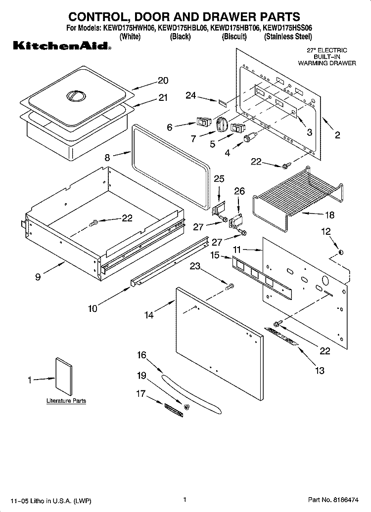 CONTROL, DOOR AND DRAWER PARTS Diagram and Parts List for KEWD175HBL06  KitchenAid Warming Drawer