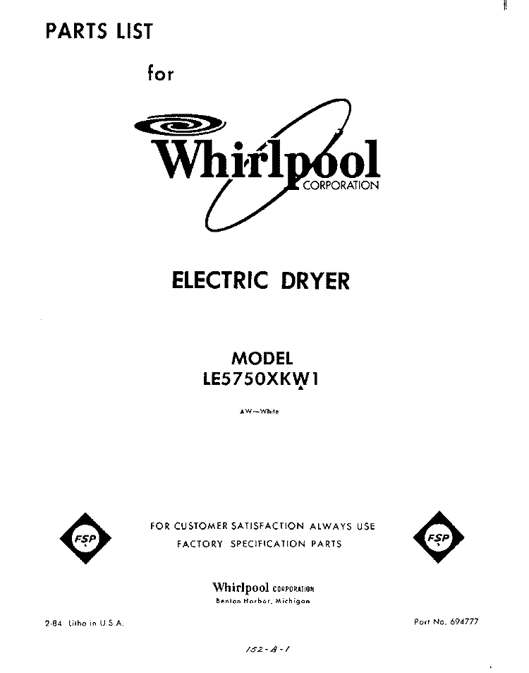 SECTION Diagram and Parts List for LE5750XKW1  Whirlpool Dryer