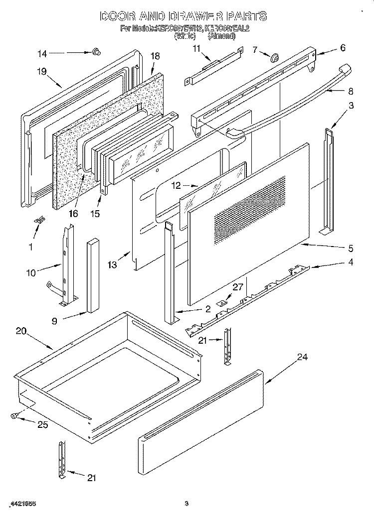DOOR AND DRAWER Diagram and Parts List for KERC607EWH2  KitchenAid Range