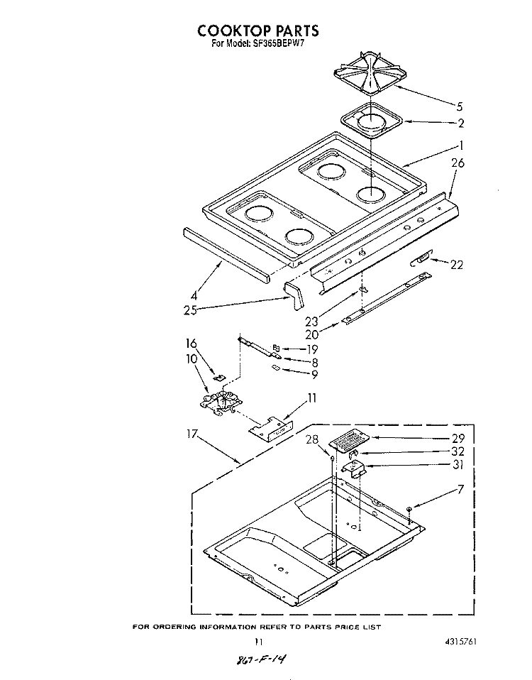 COOK TOP Diagram and Parts List for SF365BEPW7  Whirlpool Range