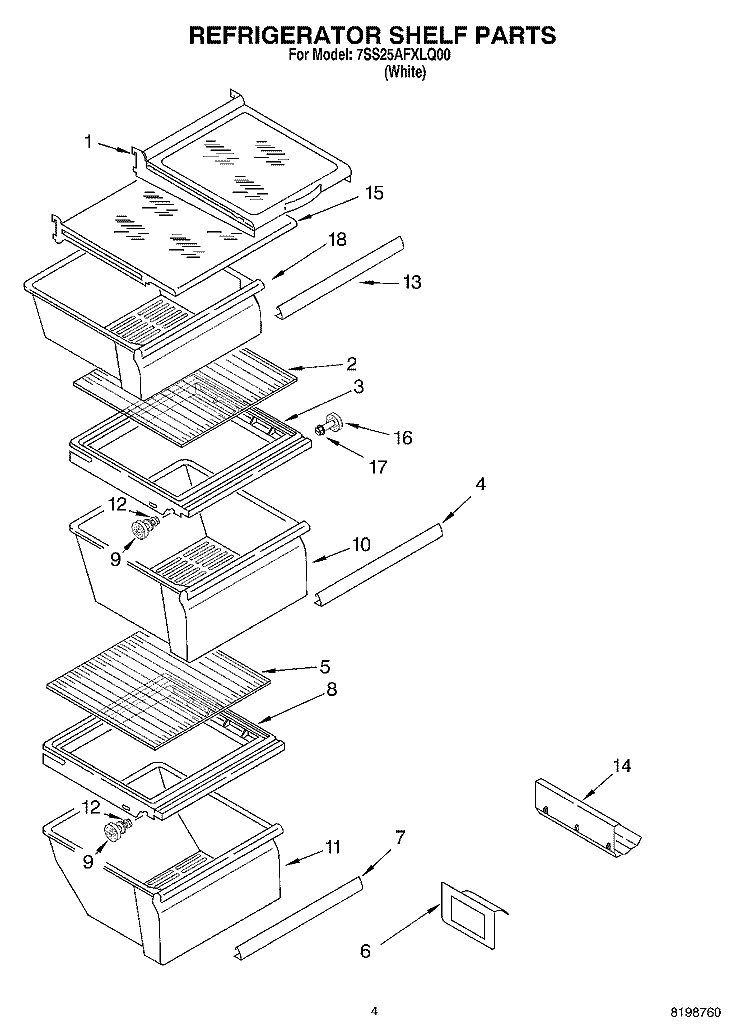REFRIGERATOR SHELF PARTS Diagram and Parts List for 7SS25AFXLQ00  Whirlpool Refrigerator