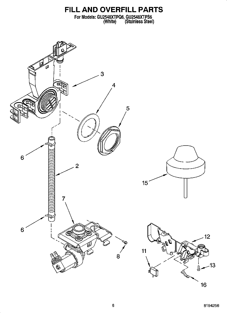 FILL AND OVERFILL PARTS Diagram and Parts List for GU2548XTPS6  Whirlpool Dishwasher