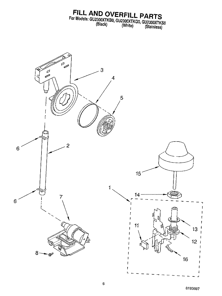 FILL AND OVERFILL Diagram and Parts List for GU2300XTKQ0  Whirlpool Dishwasher