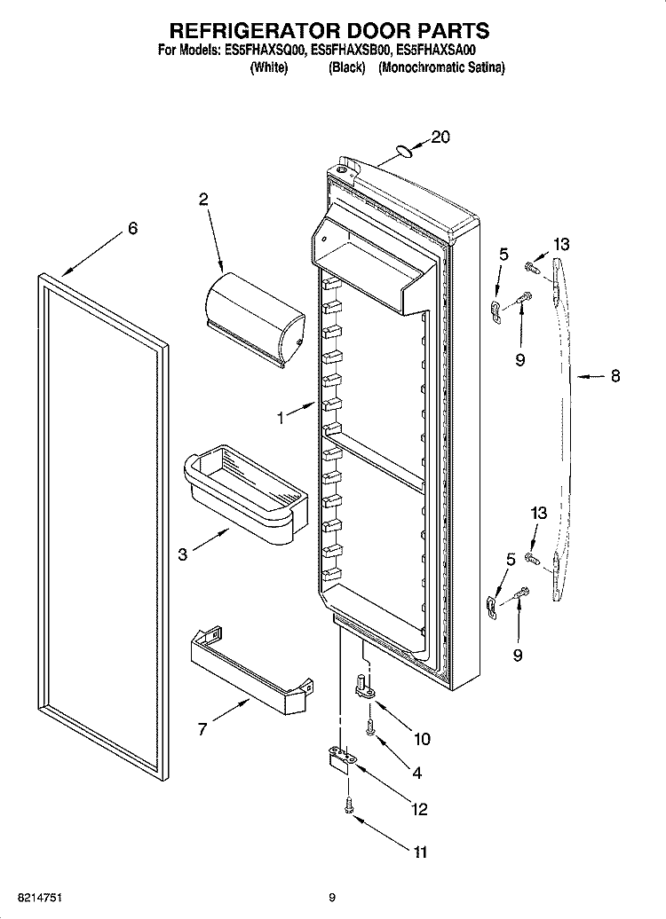 REFRIGERATOR DOOR PARTS Diagram and Parts List for ES5FHAXSQ00  Whirlpool Refrigerator