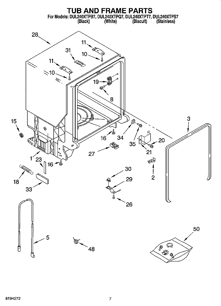 TUB AND FRAME PARTS Diagram and Parts List for DUL240XTPB7  Whirlpool Dishwasher