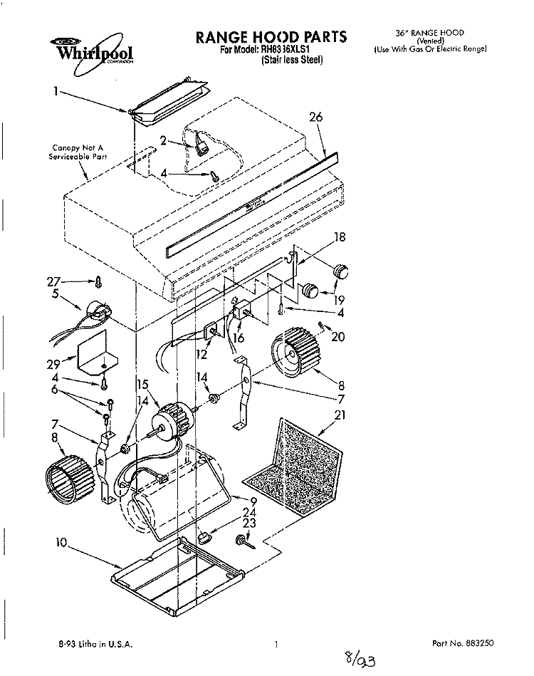 SECTION Diagram and Parts List for RH8336XLS1  Whirlpool Range Hood