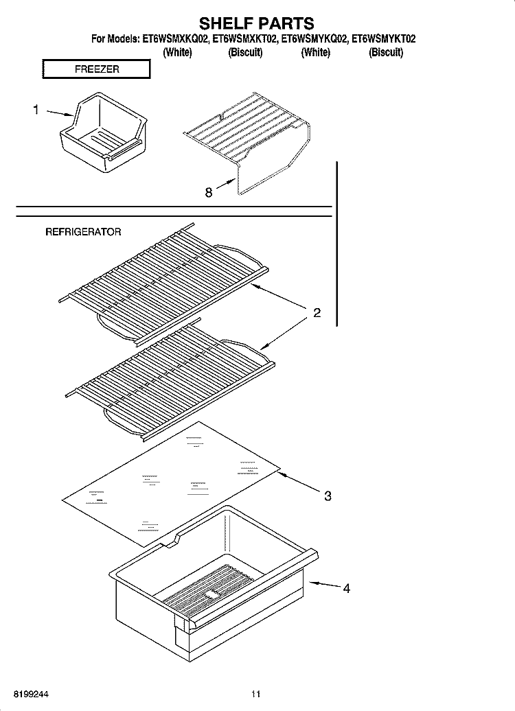 SHELF PARTS, OPTIONAL PARTS Diagram and Parts List for ET6WSMYKT02  Whirlpool Refrigerator