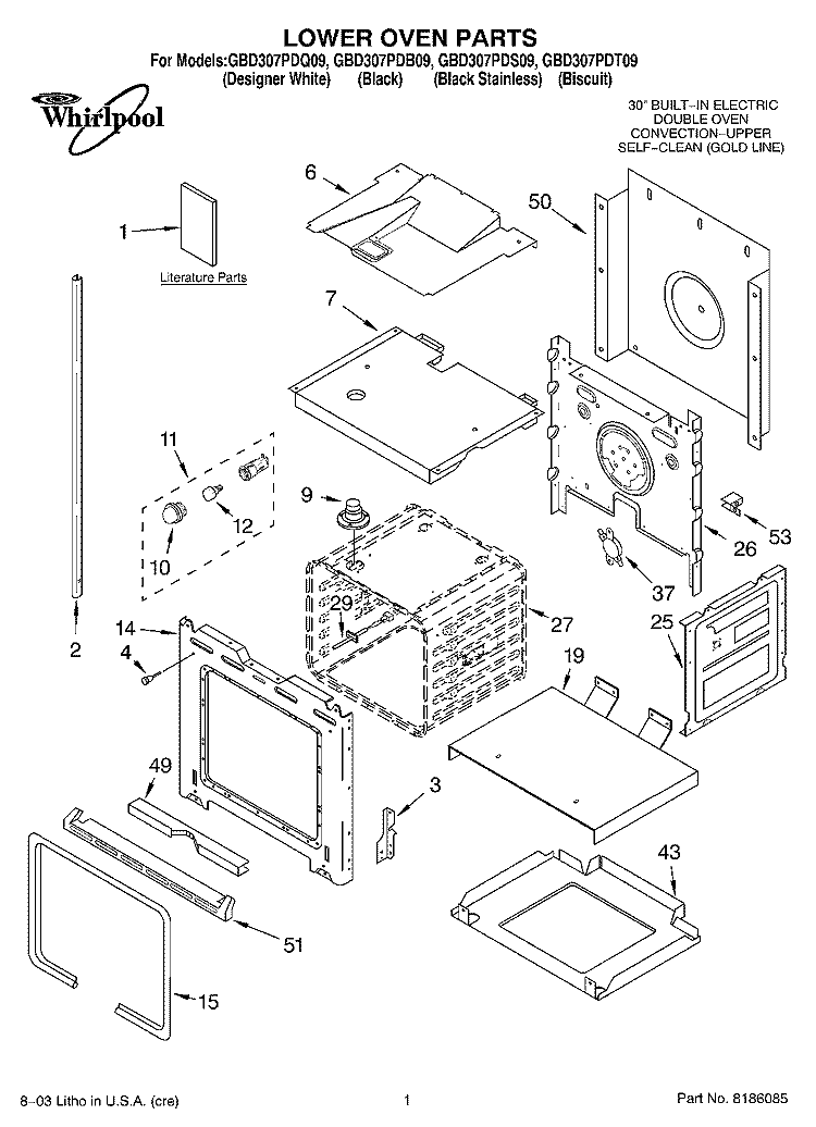 LOWER OVEN PARTS Diagram and Parts List for GBD307PDS09  Whirlpool Wall Oven
