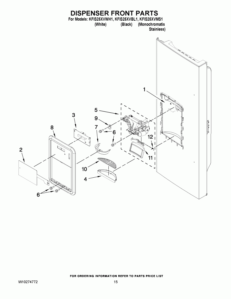 DISPENSER FRONT PARTS Diagram and Parts List for KFIS25XVMS1  KitchenAid Refrigerator