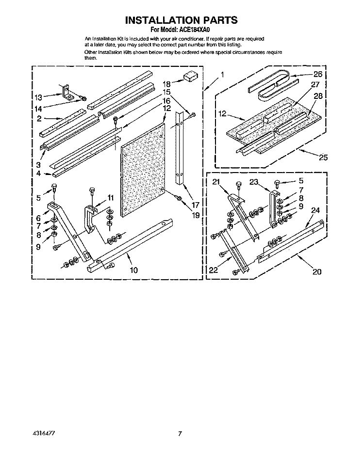INSTALLATION Diagram and Parts List for ACE184XA0  Whirlpool Air Conditioner