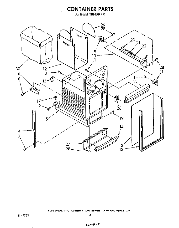 CONTAINER Diagram and Parts List for TU8000XRP1  Whirlpool Trash Compactor