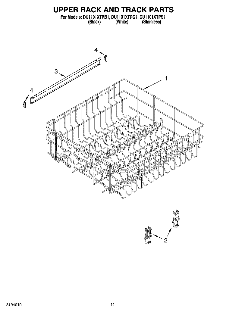UPPER RACK AND TRACK PARTS Diagram and Parts List for DU1101XTPB1  Whirlpool Dishwasher