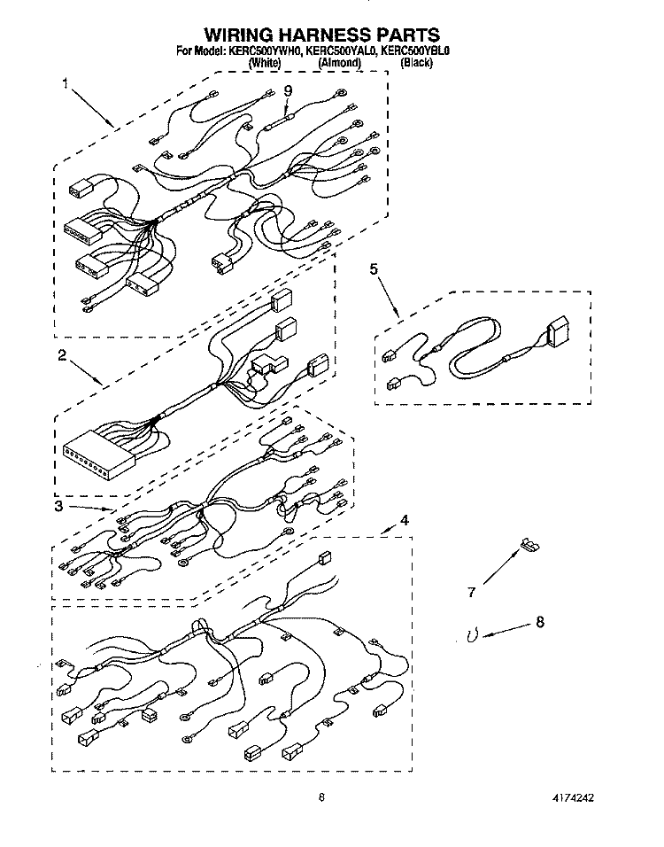 WIRING HARNESS Diagram and Parts List for KERC500YBL0  KitchenAid Range