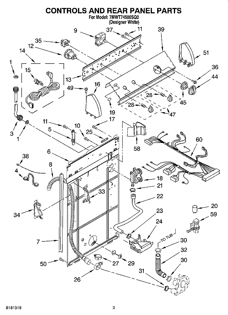 CONTROLS AND REAR PANEL PARTS Diagram and Parts List for 7MWT74500SQ0  Whirlpool Washer