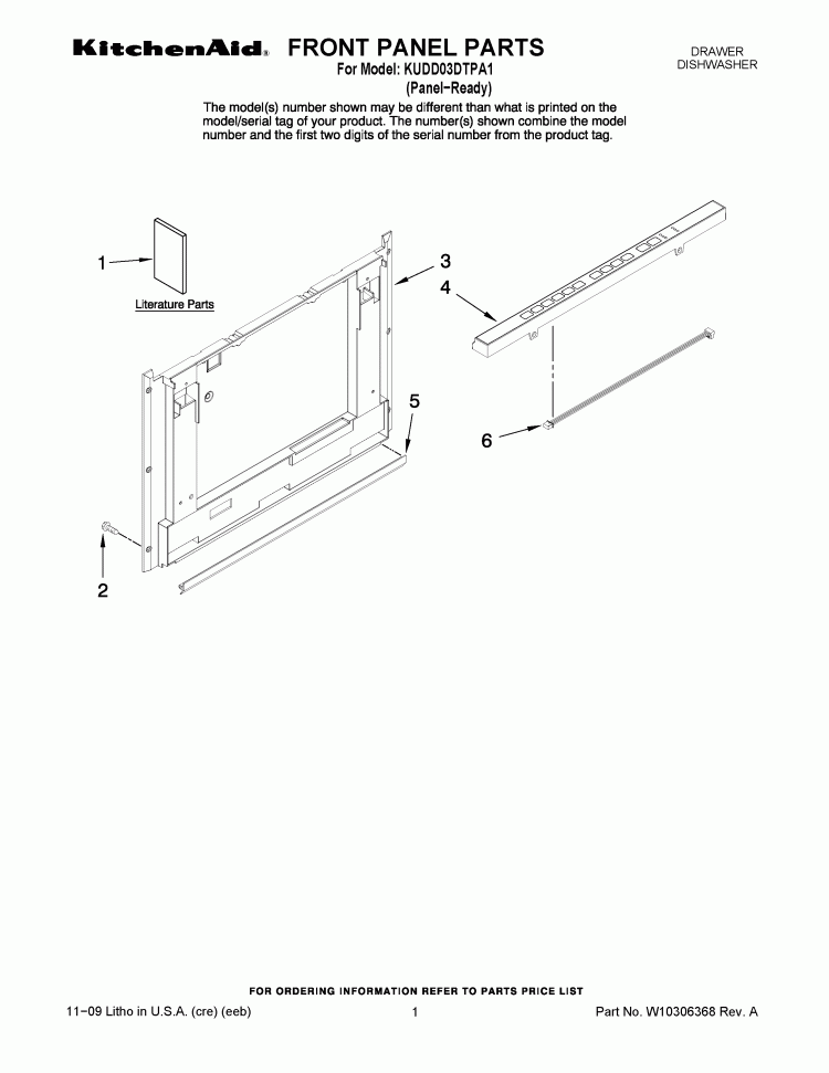 FRONT PANEL PARTS Diagram and Parts List for KUDD03DTPA1  KitchenAid Dishwasher