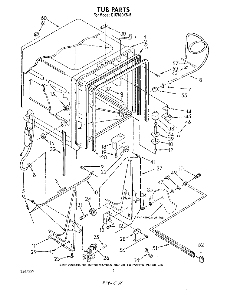 TUB , LITERATURE AND OPTIONAL Diagram and Parts List for DU7800XS6  Whirlpool Dishwasher