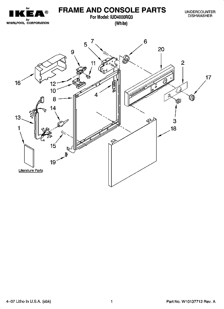 FRAME AND CONSOLE PARTS Diagram and Parts List for IUD4000RQ3  Whirlpool Dishwasher