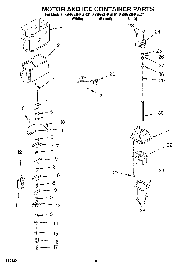 MOTOR AND ICE CONTAINER Diagram and Parts List for KSRG22FKBL04  KitchenAid Refrigerator