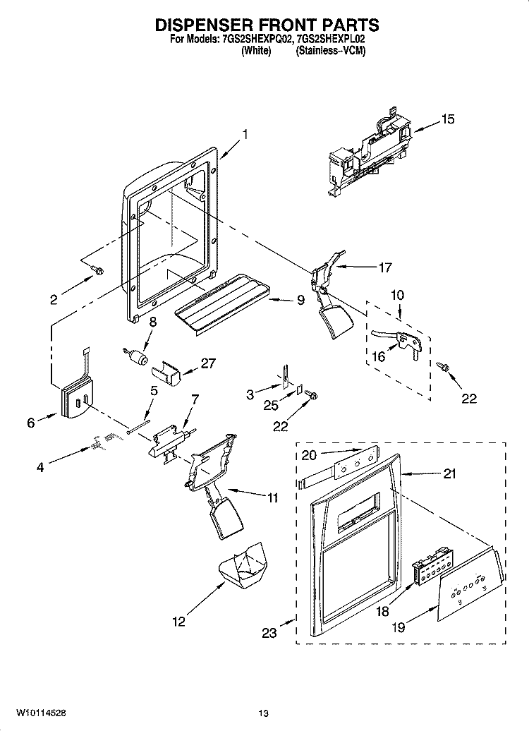 DISPENSER FRONT PARTS Diagram and Parts List for 7GS2SHEXPQ02  Whirlpool Refrigerator