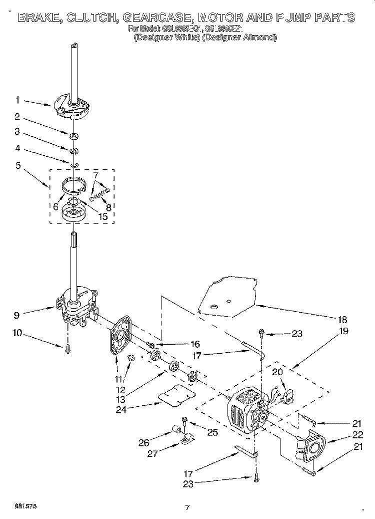 BRAKE, CLUTCH, GEARCASE, MOTOR AND PUMP Diagram and Parts List for GSL9365EQ1  Whirlpool Washer