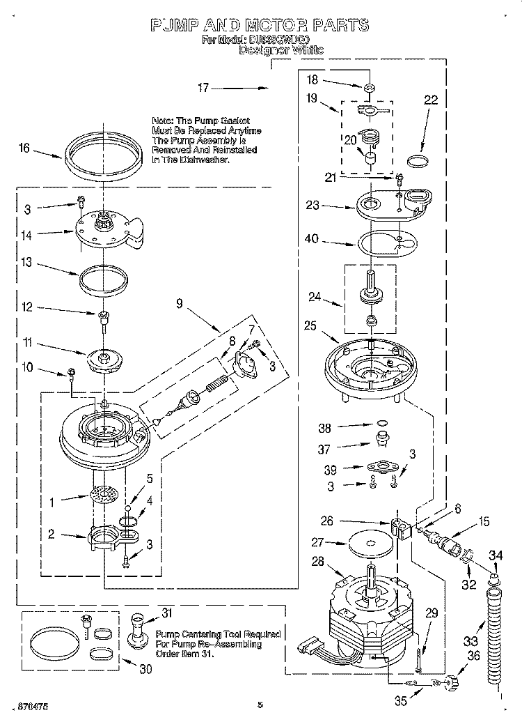 PUMP AND MOTOR Diagram and Parts List for DU935QWDQ0  Whirlpool Dishwasher