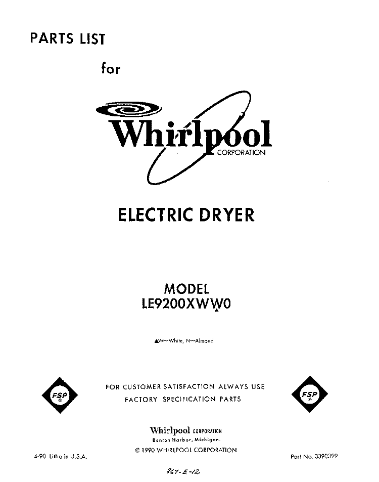 SECTION Diagram and Parts List for LE9200XWN0  Whirlpool Dryer