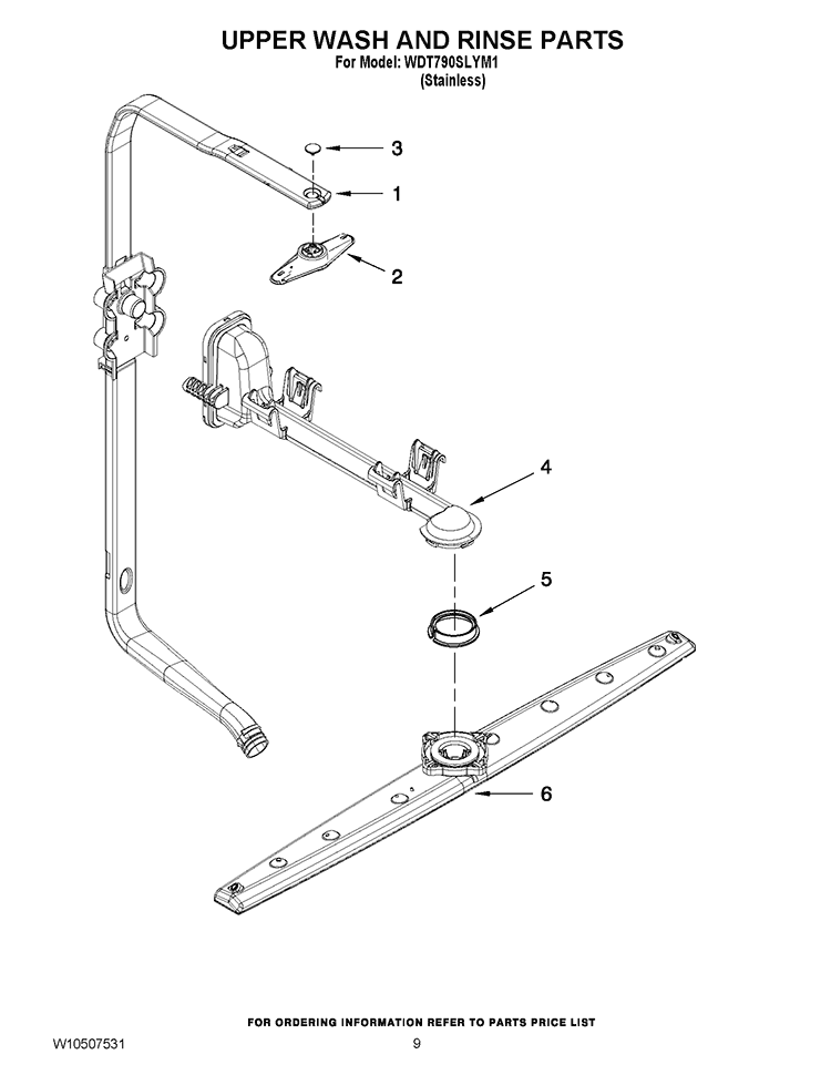 UPPER WASH AND RINSE PARTS Diagram and Parts List for WDT790SLYM1  Whirlpool Dishwasher