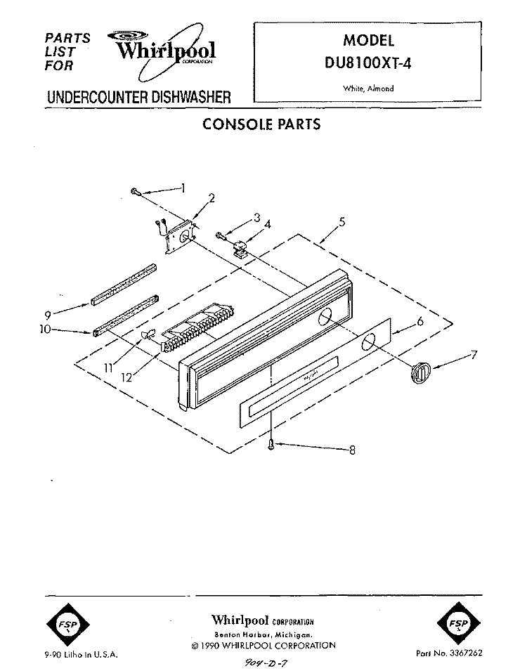 CONSOLE Diagram and Parts List for DU8100XT4  Whirlpool Dishwasher
