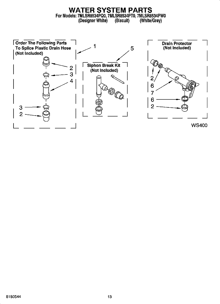 WATER SYSTEM PARTS, MISCELLANEOUS PARTS, OPTIONAL PARTS (NOT INCLUDED) Diagram and Parts List for 7MLSR8534PT0  Whirlpool Washer
