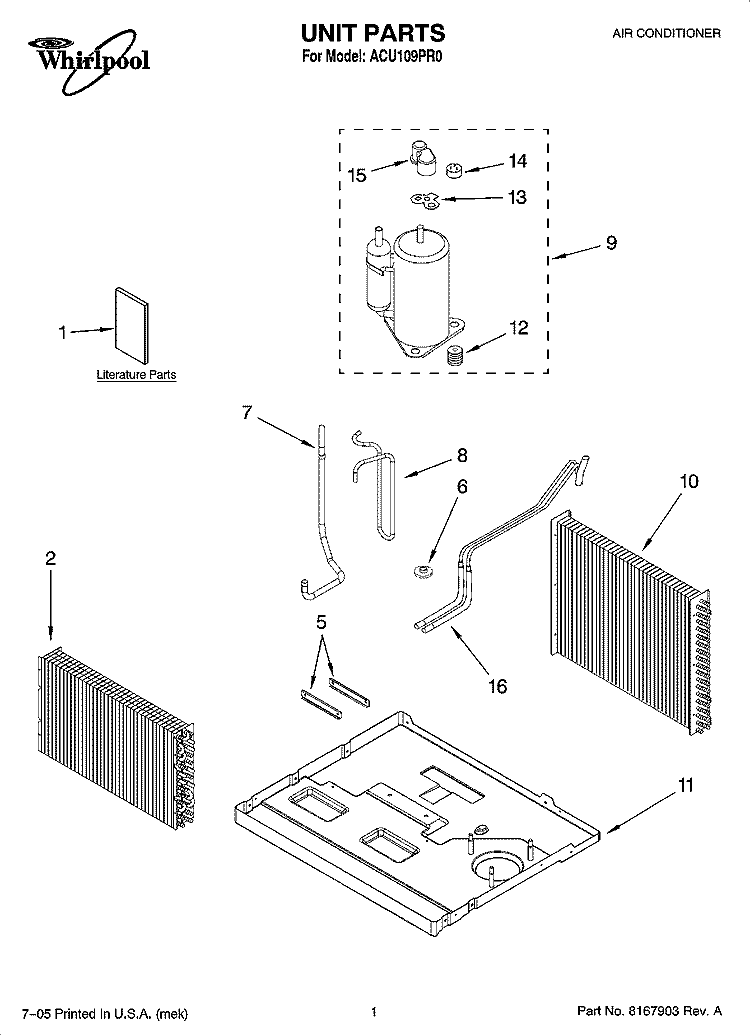 UNIT PARTS Diagram and Parts List for ACU109PR0  Whirlpool Air Conditioner