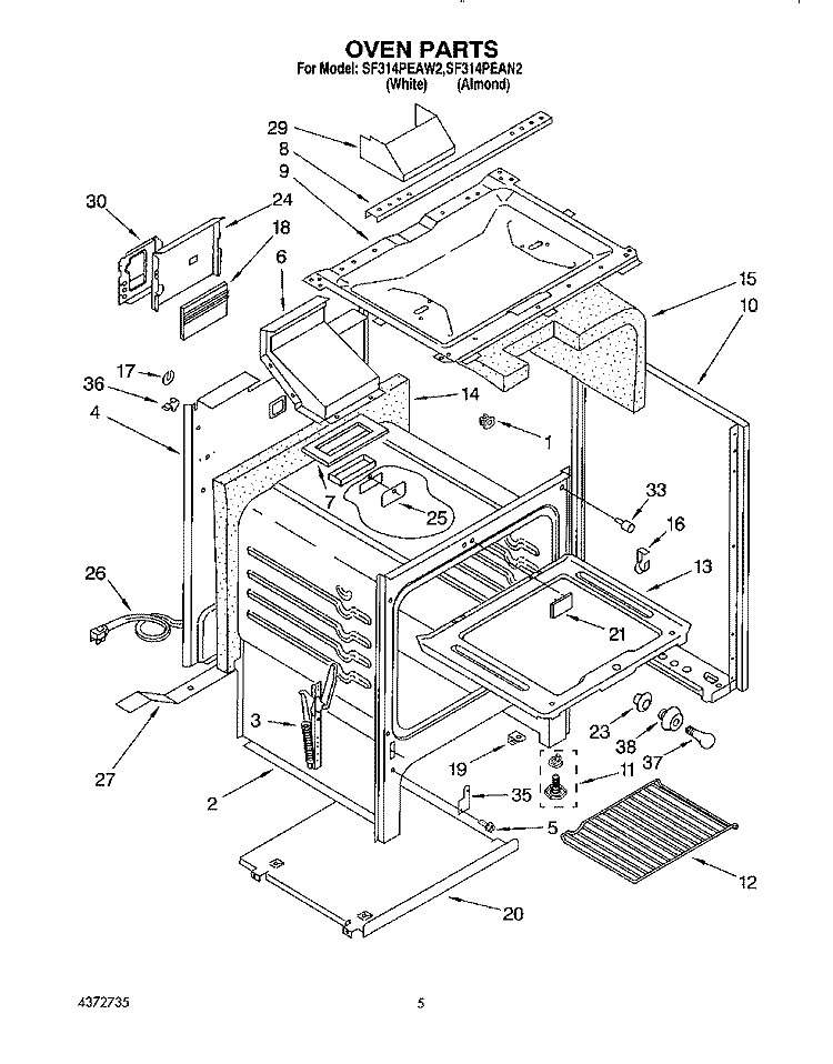 OVEN Diagram and Parts List for SF314PEAW2  Whirlpool Range
